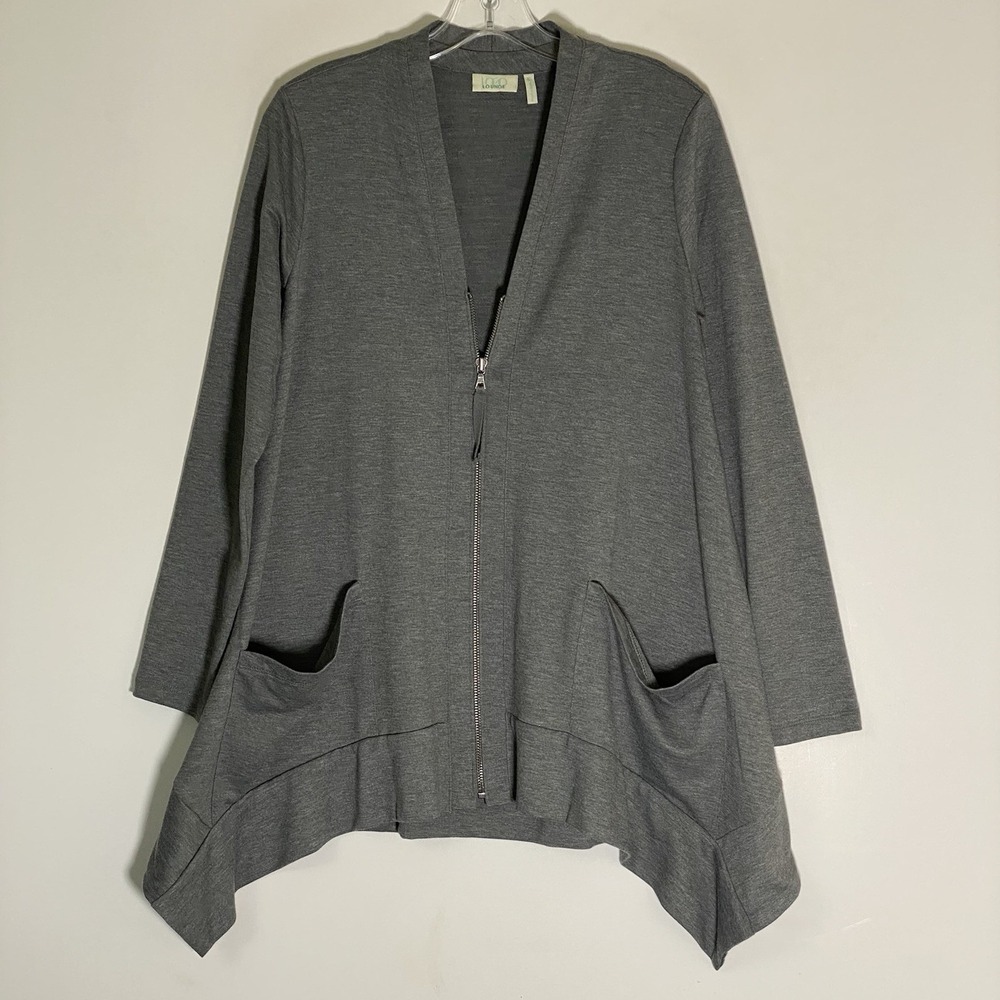 Logo Lori Goldstein Cardigan Sweater Womens XS Gray Full Zip Pockets Long Sleeve